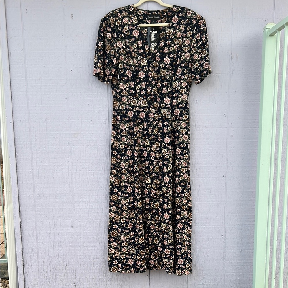 Vintage Black Floral Midi Dress with Pink and Cream Flowers